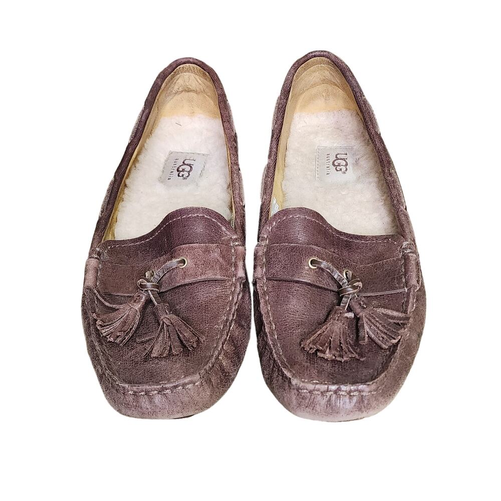 UGG Brown with Brushed Bronze‎ Loafers Moccasins Shoes Shearling Lining Size 7